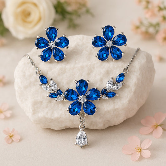 Royal Blue Floral Jewellery Set – Necklace & Earrings