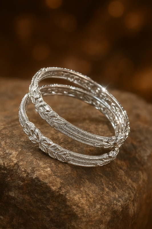 Elegant Silver Floral Bangles – Traditional Design (Pair)