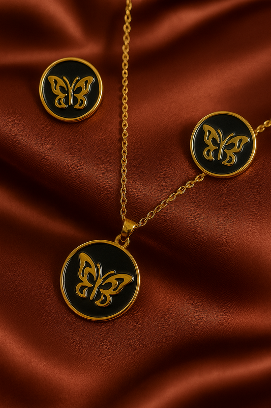 Elegant Butterfly Necklace & Earrings Set – Black & Gold