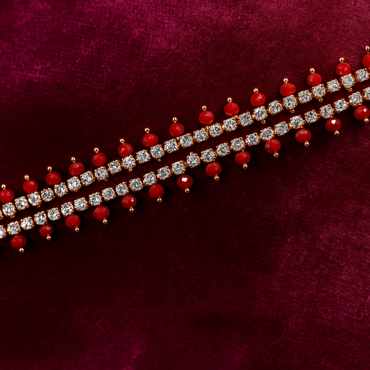 Red Bead & Diamond-Style Stone Payal – Traditional Anklet