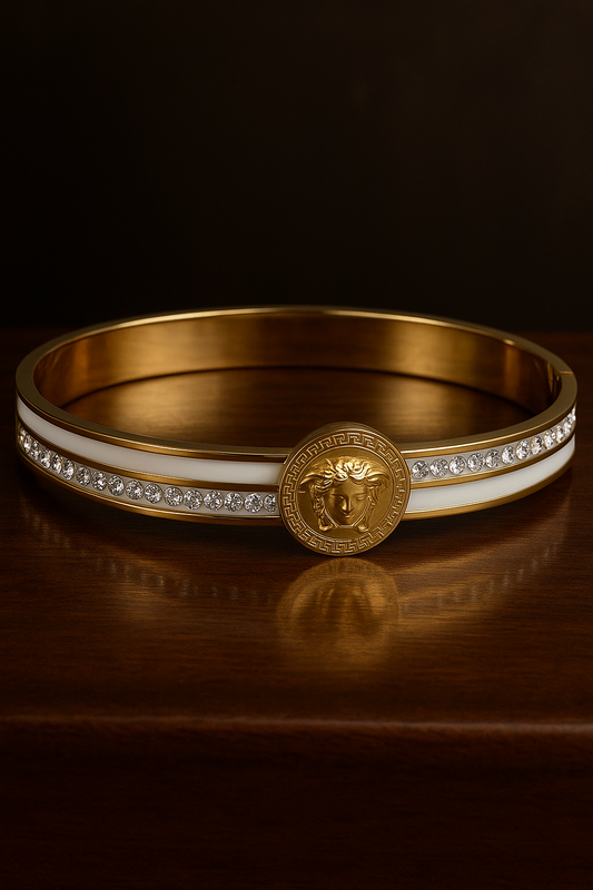 Luxury Gold-Plated Designer Kada – White Enamel & Crystal Accent